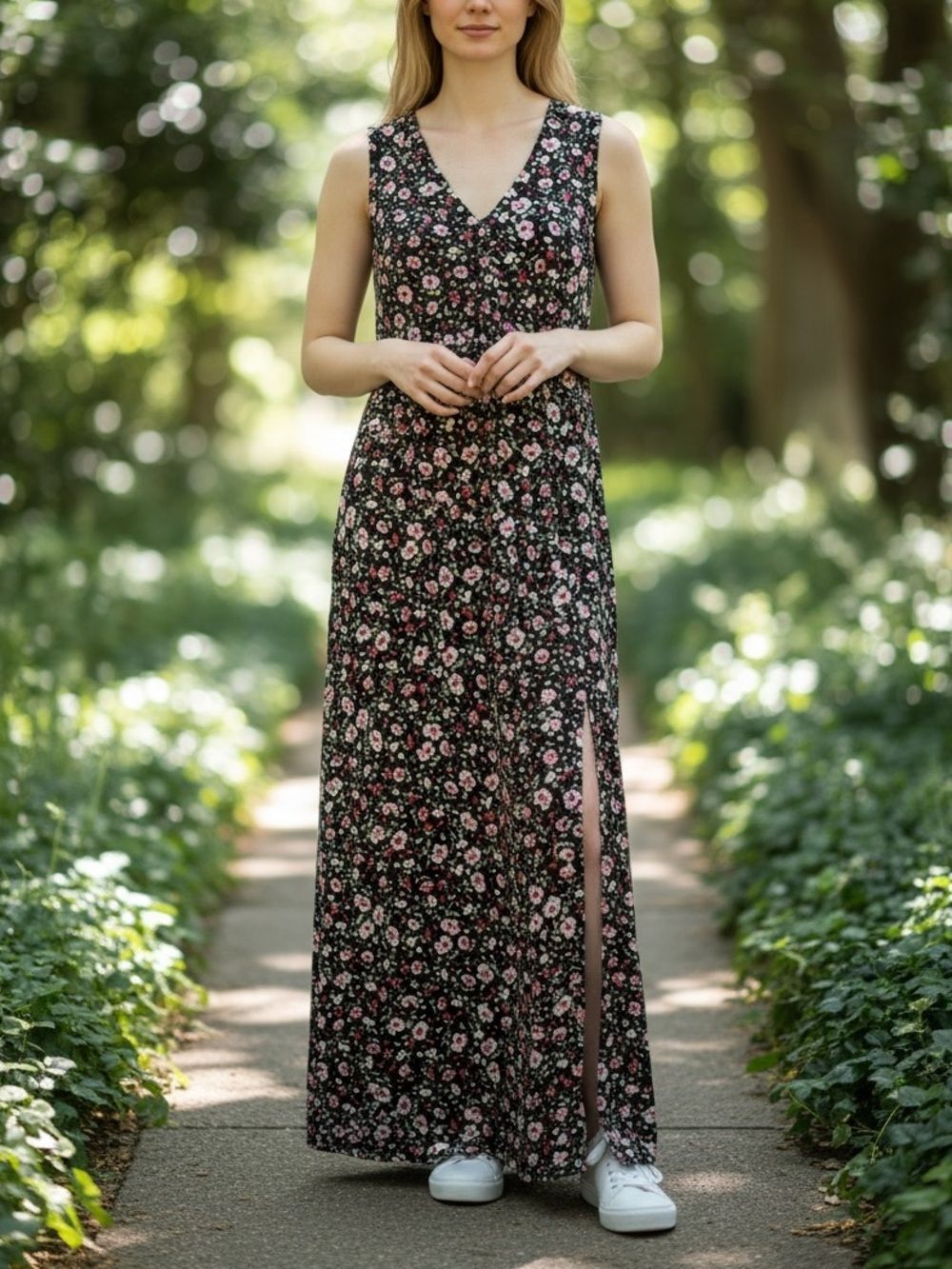 J. Jill Wearever Maxi Dress Small Ditsy Floral Sleeveless V Neck Side Slits